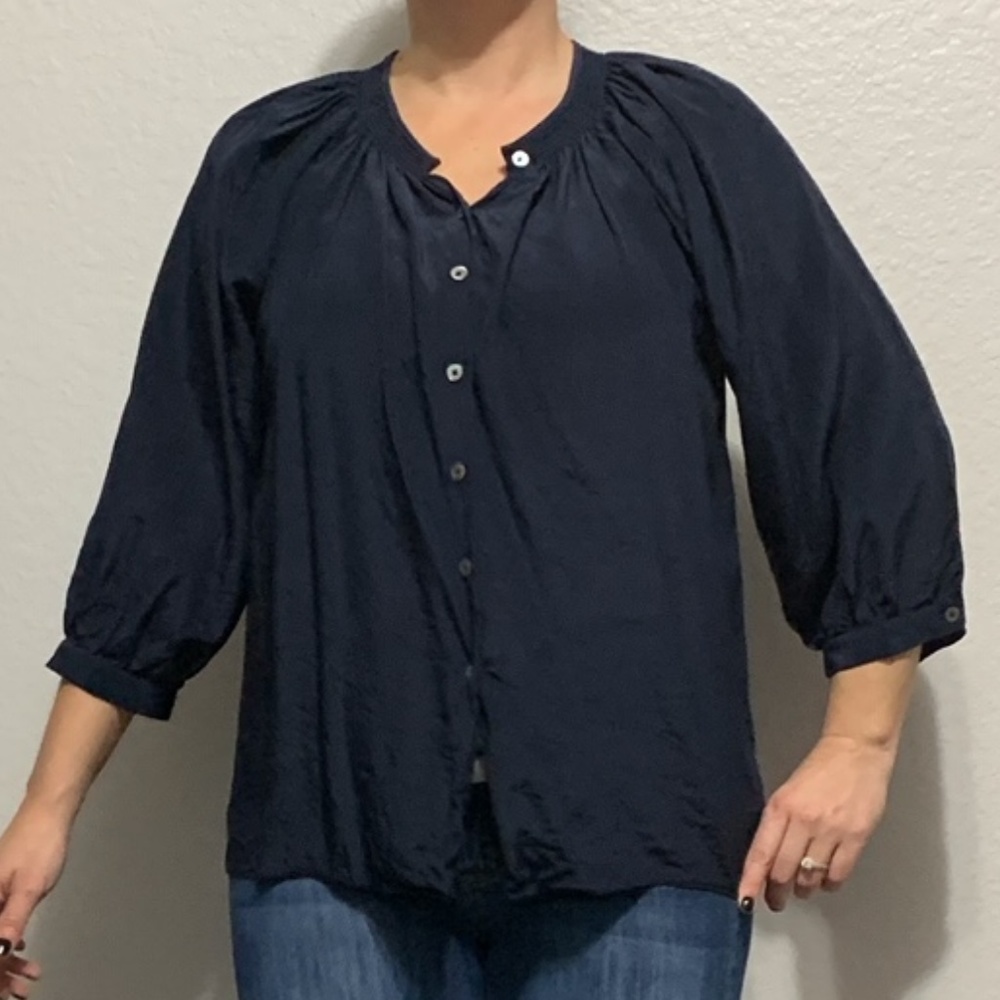 Creme Fraiche Navy Blue Loose Puffy Sleeve Blouse